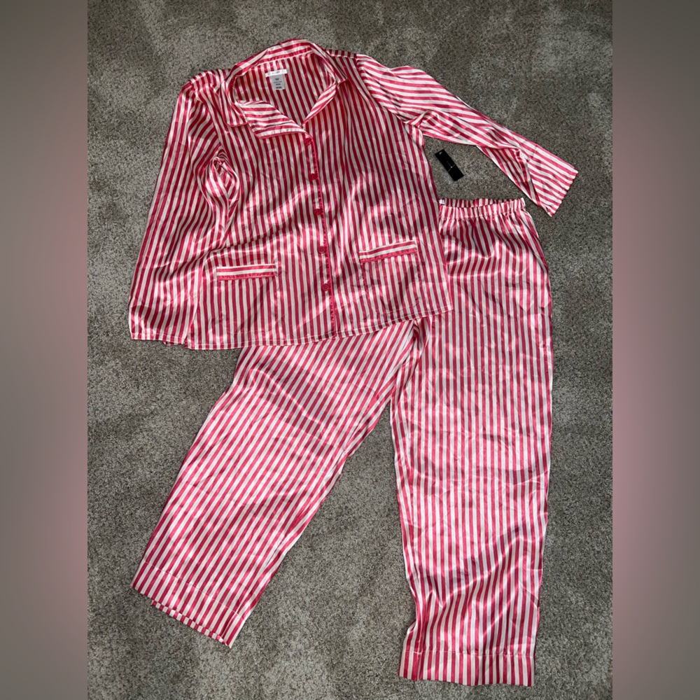 Pink and White Striped Satin Pajama Set